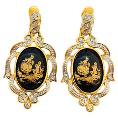 Vintage gold cameo enamel rhinestones designer clip on earrings