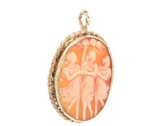Vintage Gold Cameo Shell The Three Graces Portrait Twisted Cable Frame Pendant