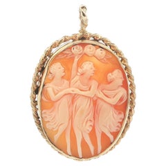 Vintage Gold Cameo Shell The Three Graces Portrait Twisted Cable Frame Pendant