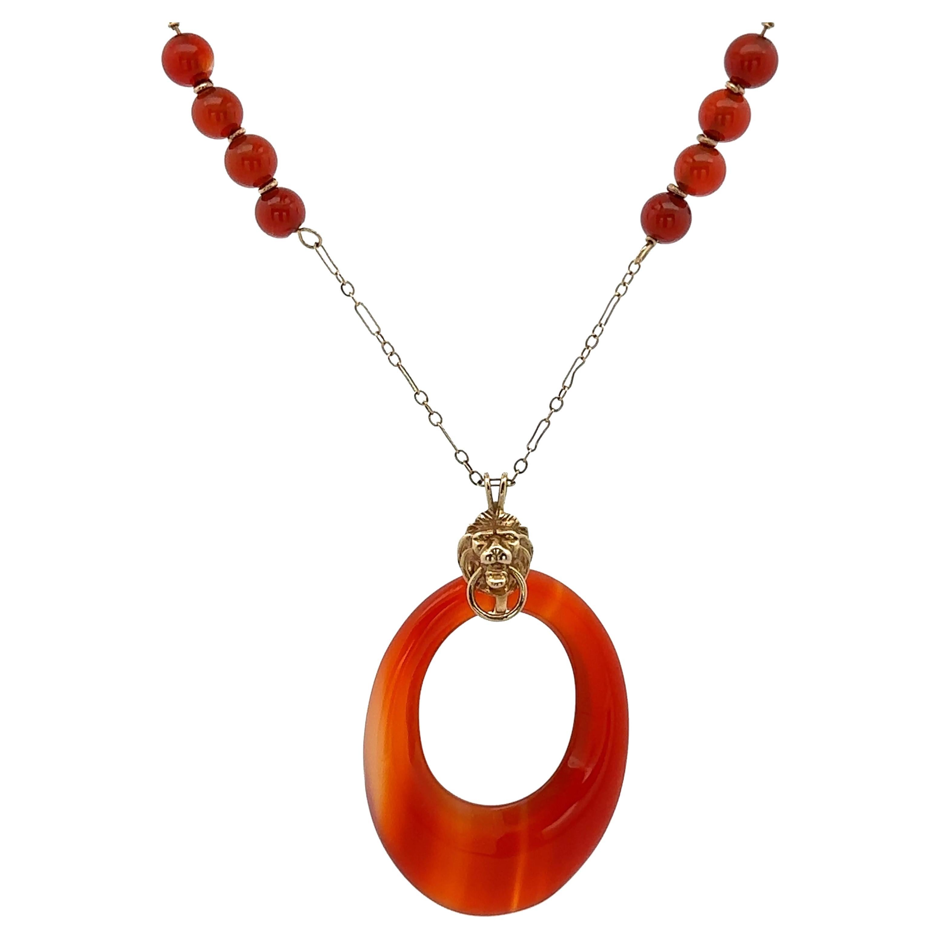 Vintage Gold Carnelian Station Agate Necklace Lion
s Head Door Knocker Pendentif