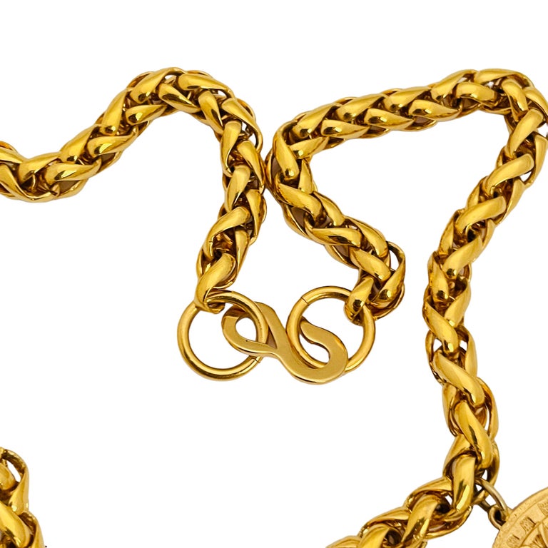 Vintage gold chain coin lions charm designer runway necklace For Sale