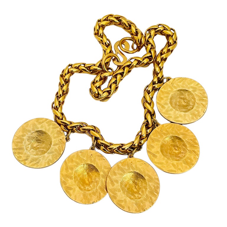 Vintage gold chain coin lions charm designer runway necklace For Sale