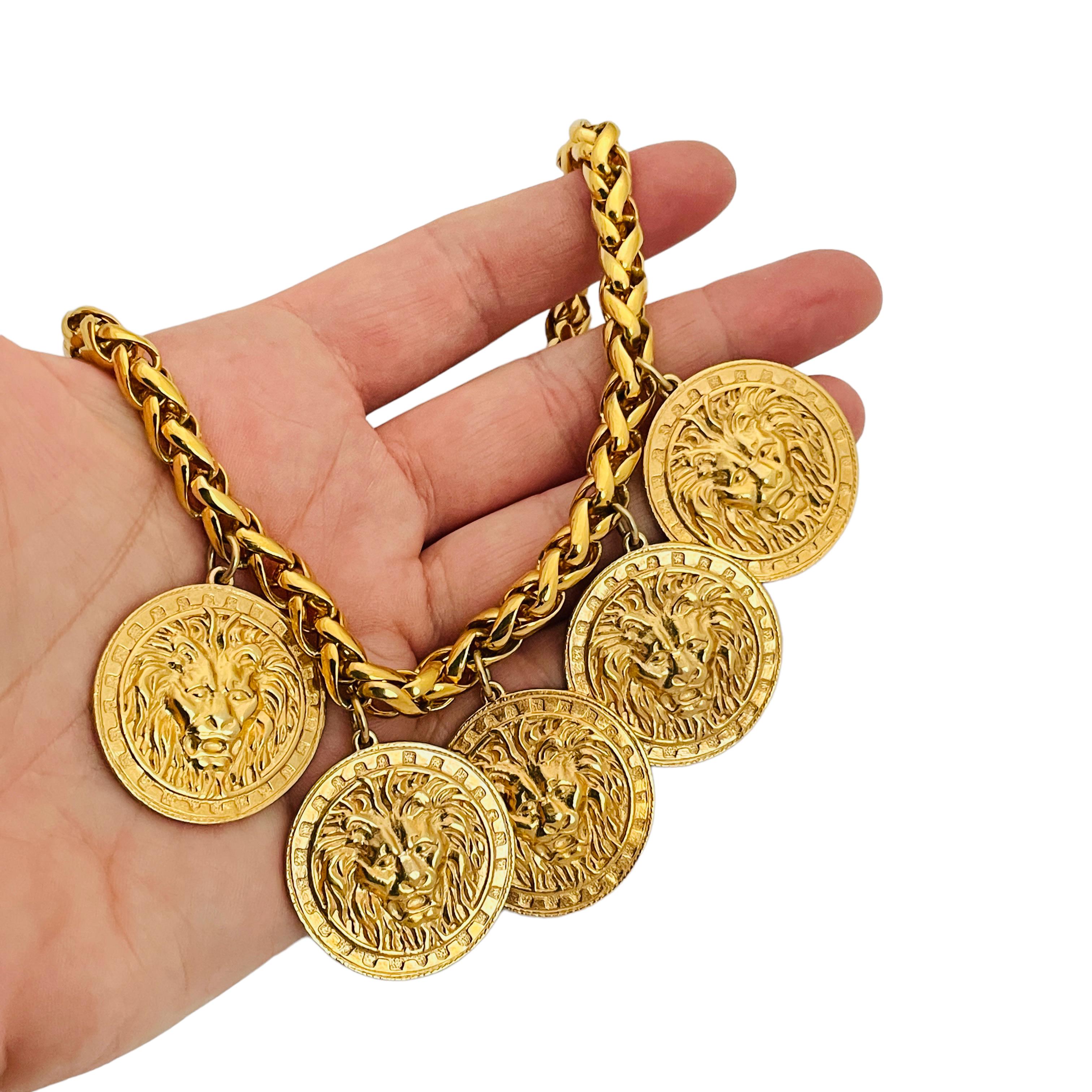 Vintage gold chain coin lions charm designer runway necklace For Sale 1
