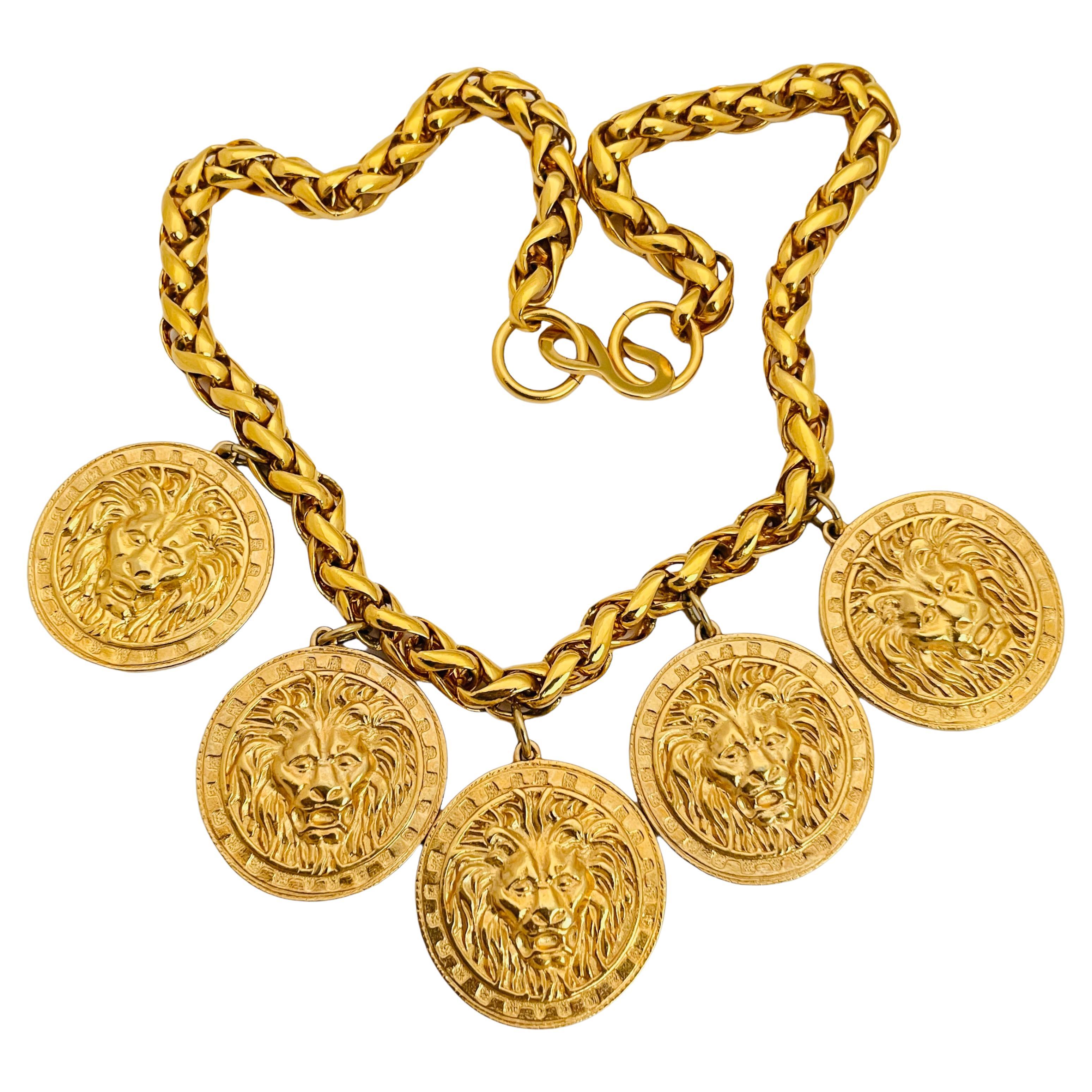 Vintage gold chain coin lions charm designer runway necklace For Sale