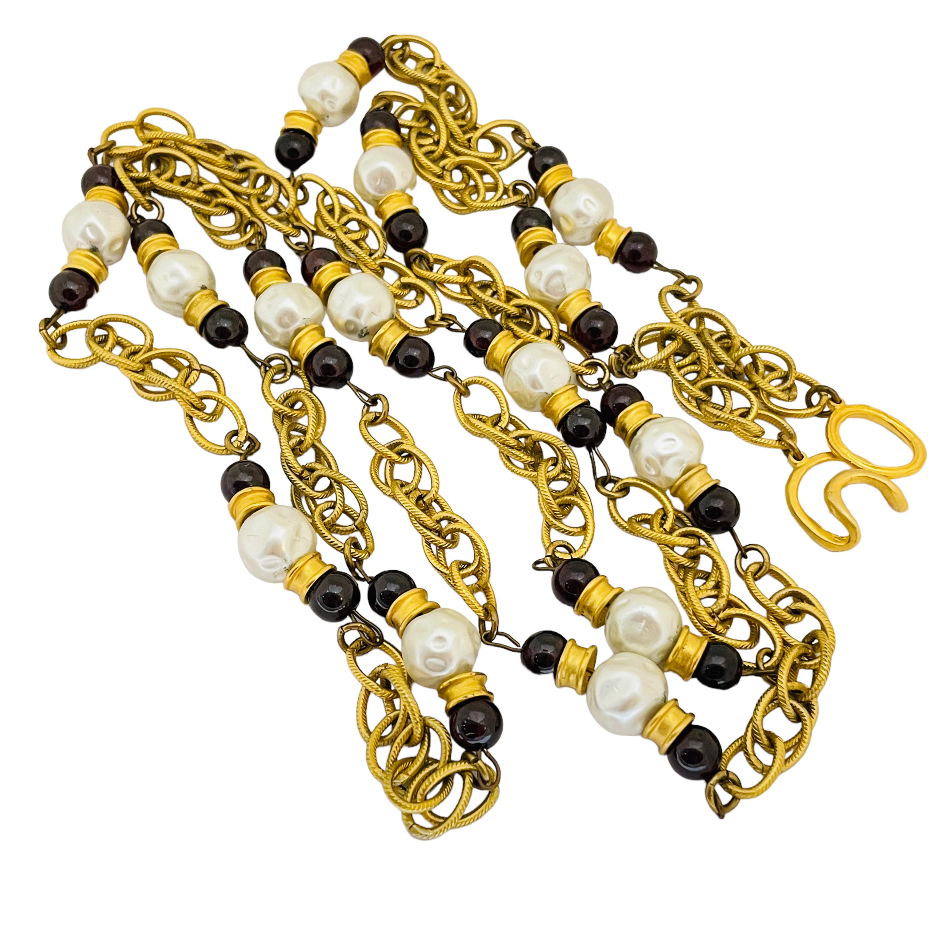 Vintage gold chain pearl glass beaded designer runway necklace In Good Condition For Sale In Palos Hills, IL