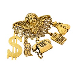 Vintage gold cherub angel money office charm brooch