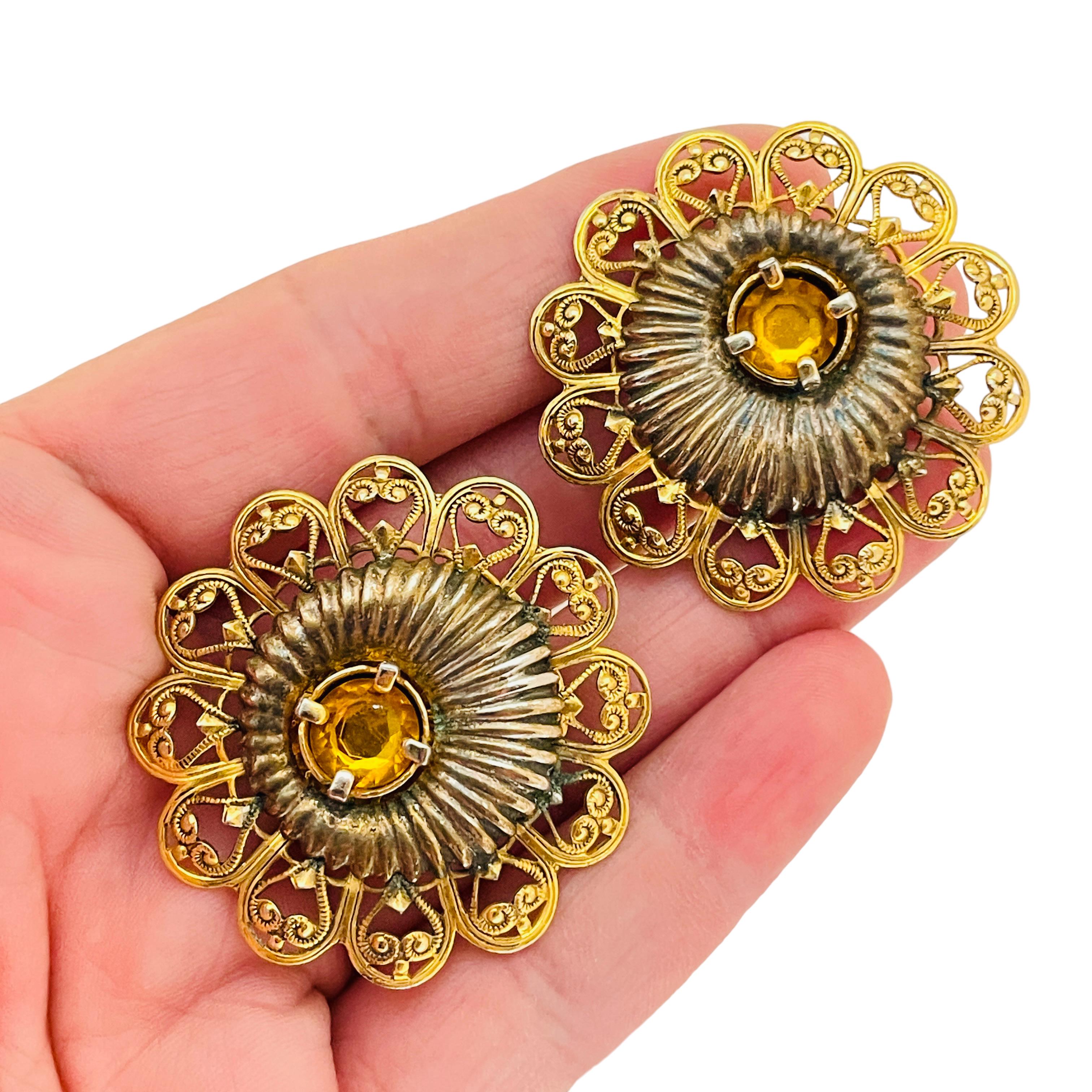 Women's or Men's Vintage gold citrine rhinestone designer runway clip on earrings For Sale