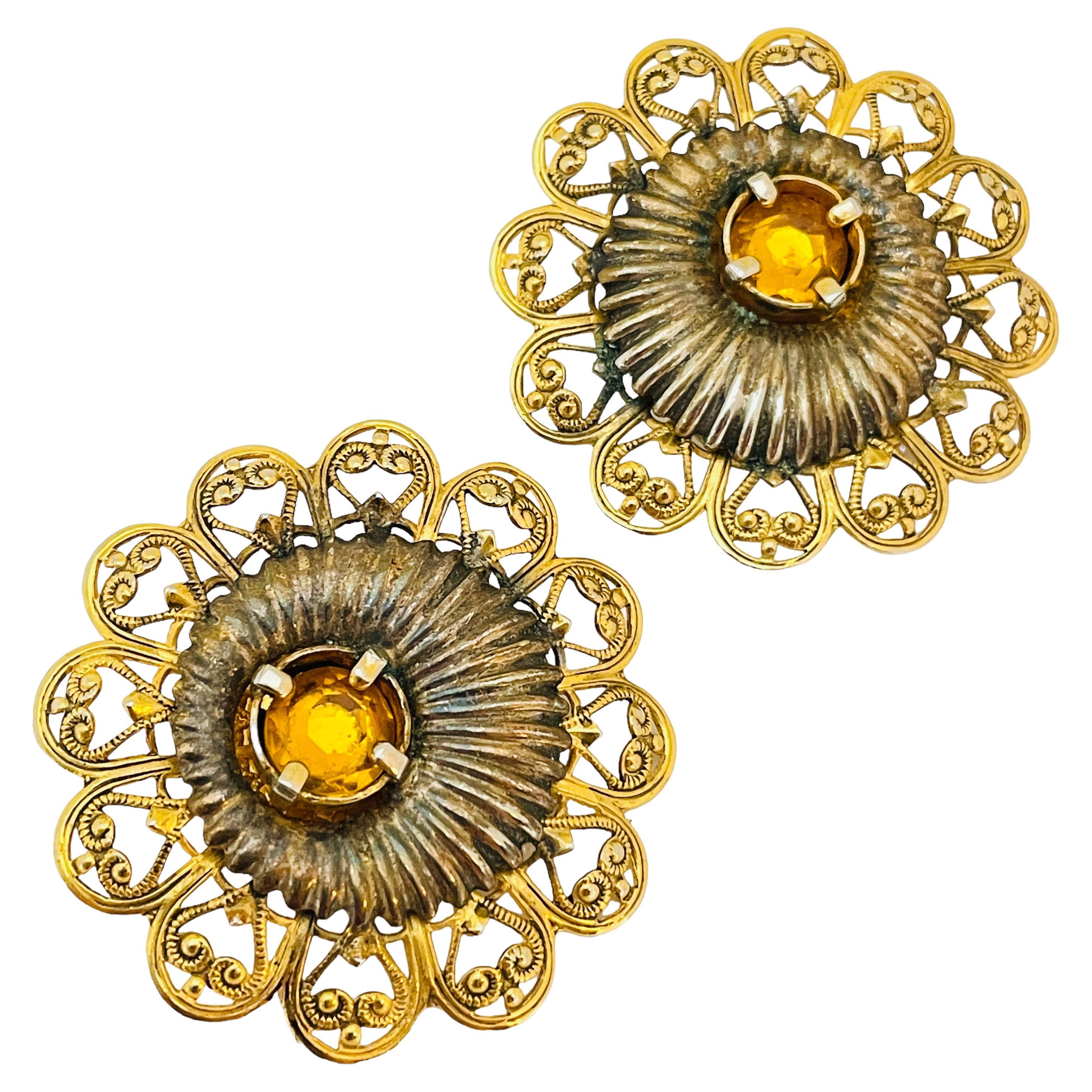 Vintage gold citrine rhinestone designer runway clip on earrings For Sale