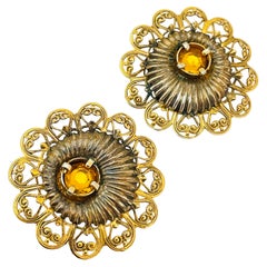 Vintage gold citrine rhinestone designer runway clip on earrings
