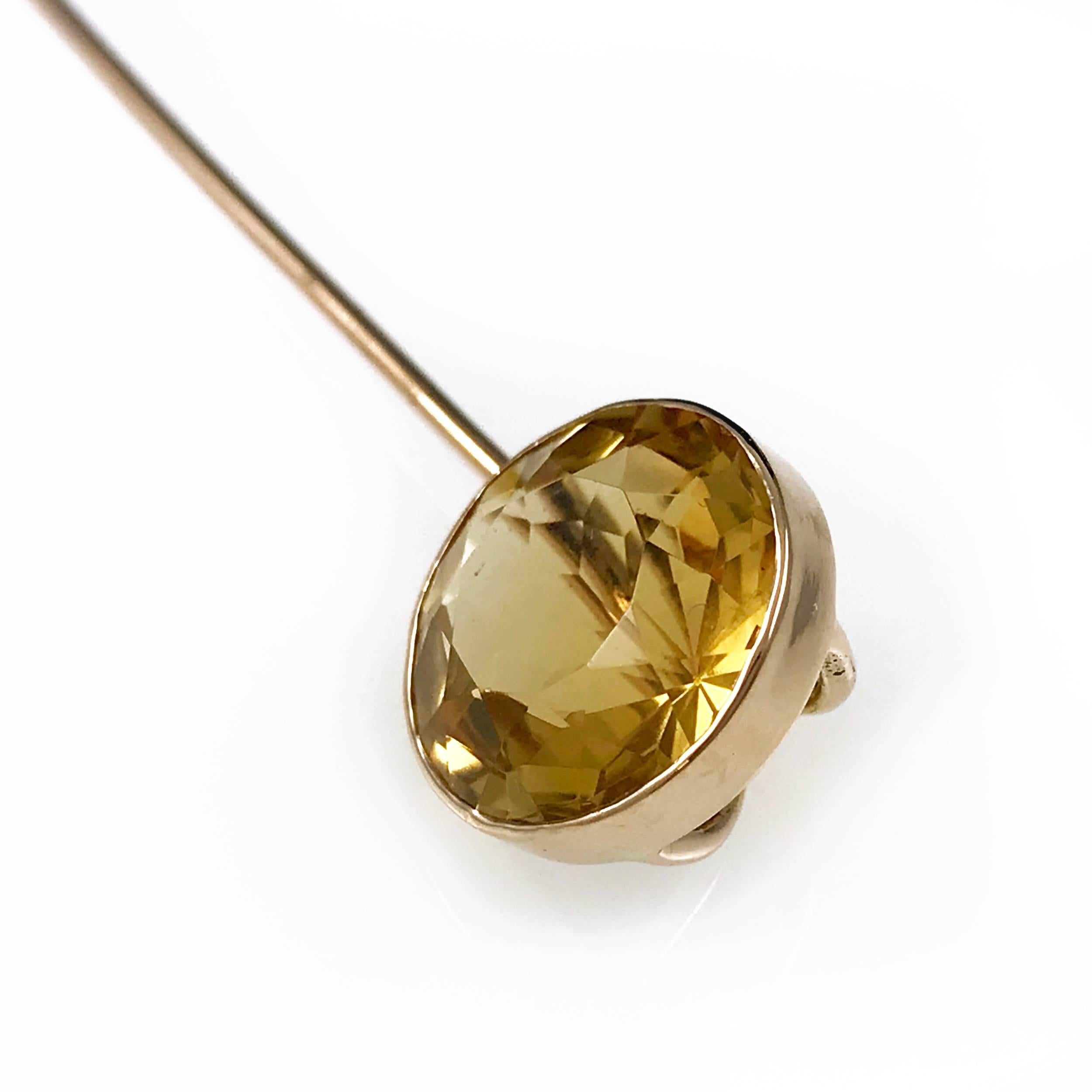 Vintage 14 Karat Yellow Gold 4.5 Carat Citrine Stick Pin. Simple yet elegant pin with a bezel set 13mm Citrine stone.