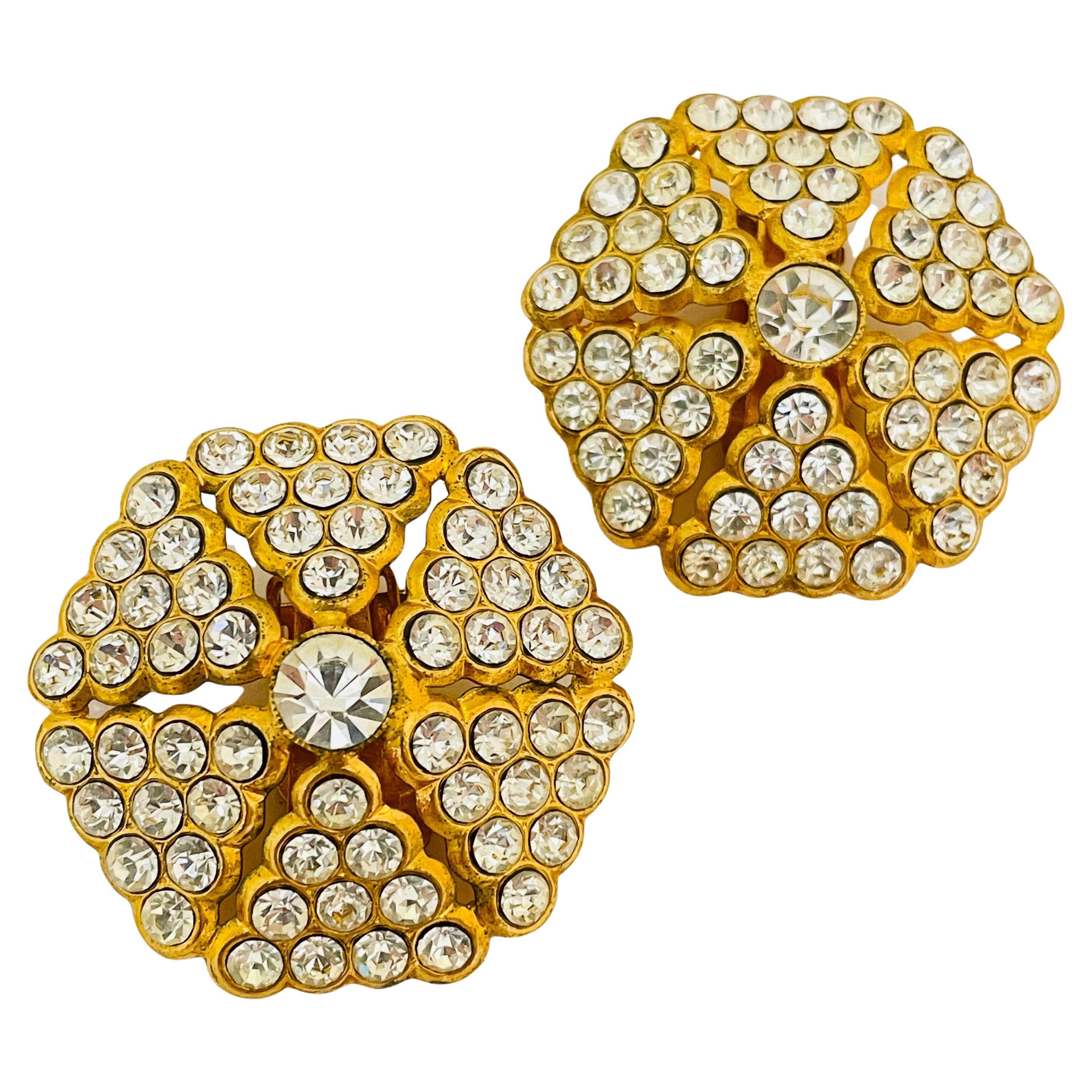 Vintage gold clear rhinestones designer runway clip on earrings For Sale