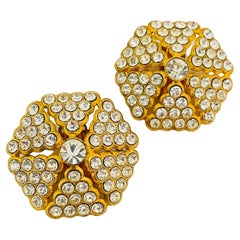 Vintage gold clear rhinestones designer runway clip on earrings