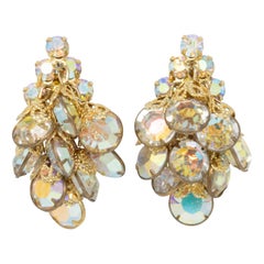 Vintage Gold Clip On Earrings, Cascading Aurora Borealis Crystals, Mid 1900s