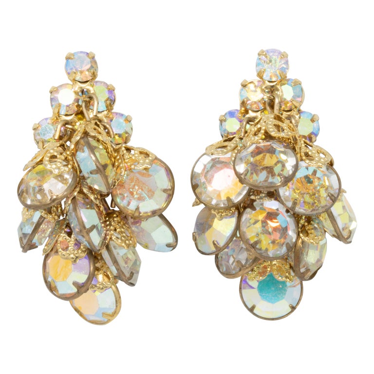 Vintage Gold Clip On Earrings, Cascading Aurora Borealis Crystals, Mid