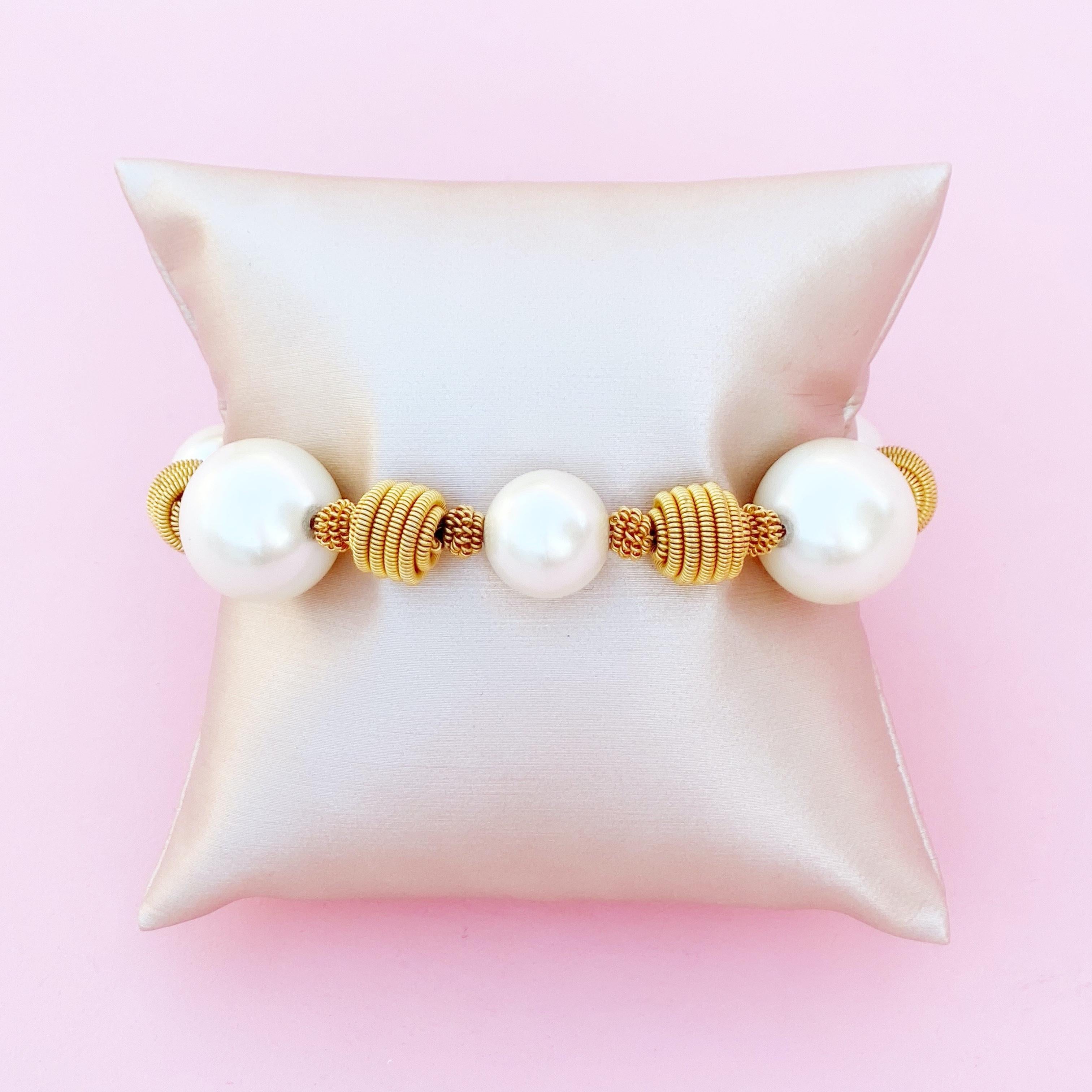 Modern Vintage Gold Coil and Pearl Beaded Bracelet by Anne Klein, 1980s