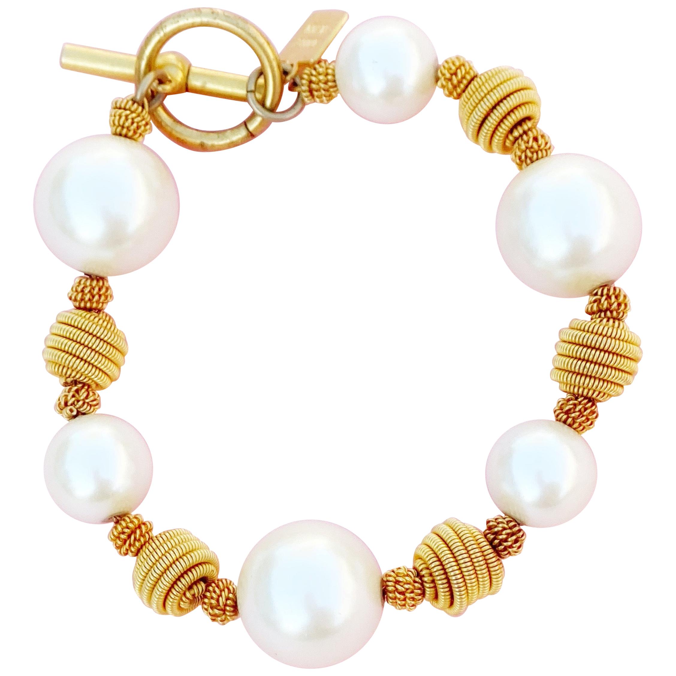 Vintage Gold Coil and Pearl Beaded Bracelet by Anne Klein, 1980s