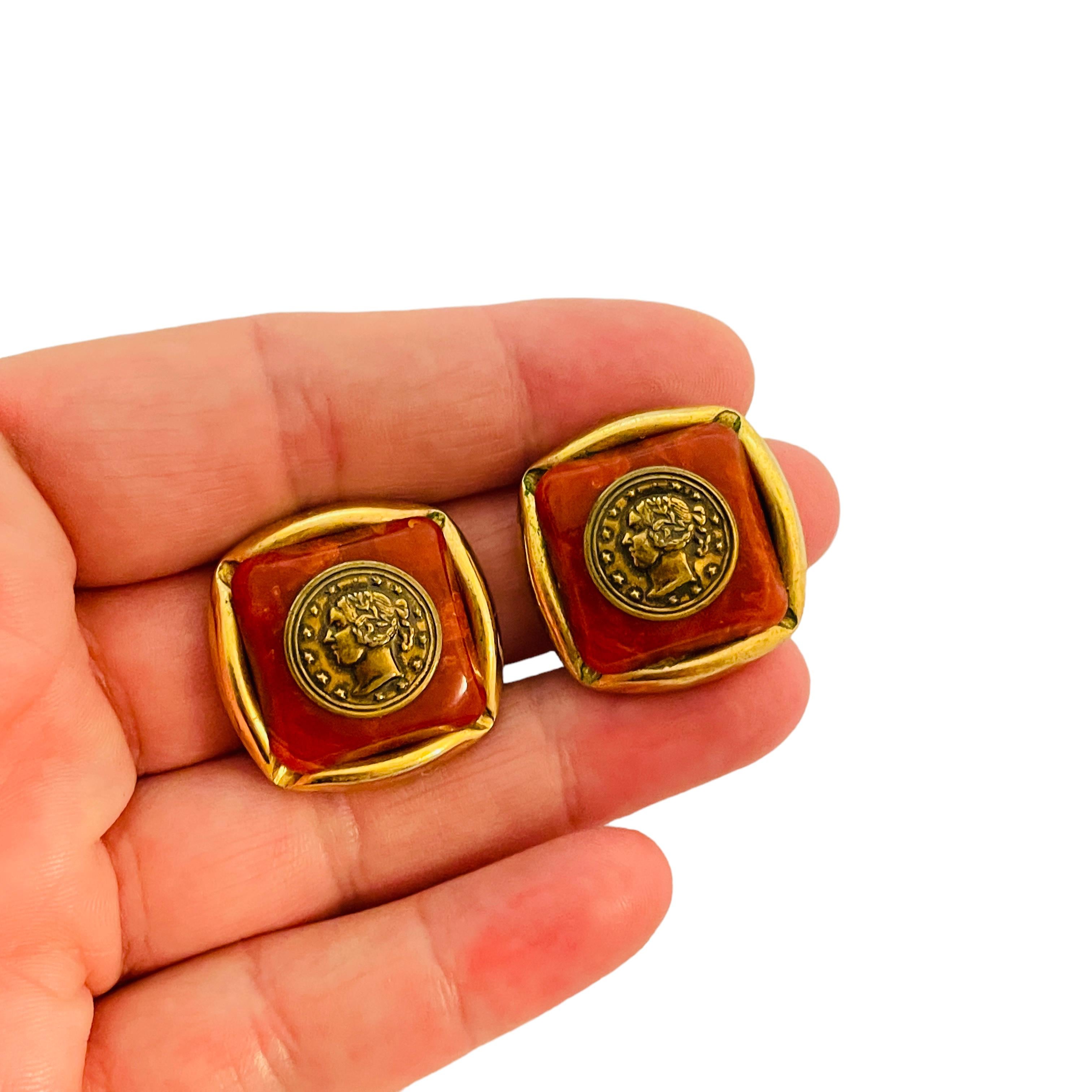 Women's or Men's Vintage gold coin lucite designer runway clip on earrings For Sale