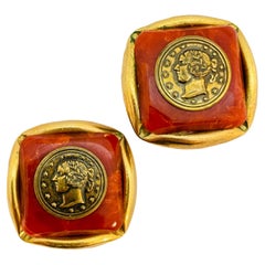 Vintage gold coin lucite designer runway clip on earrings