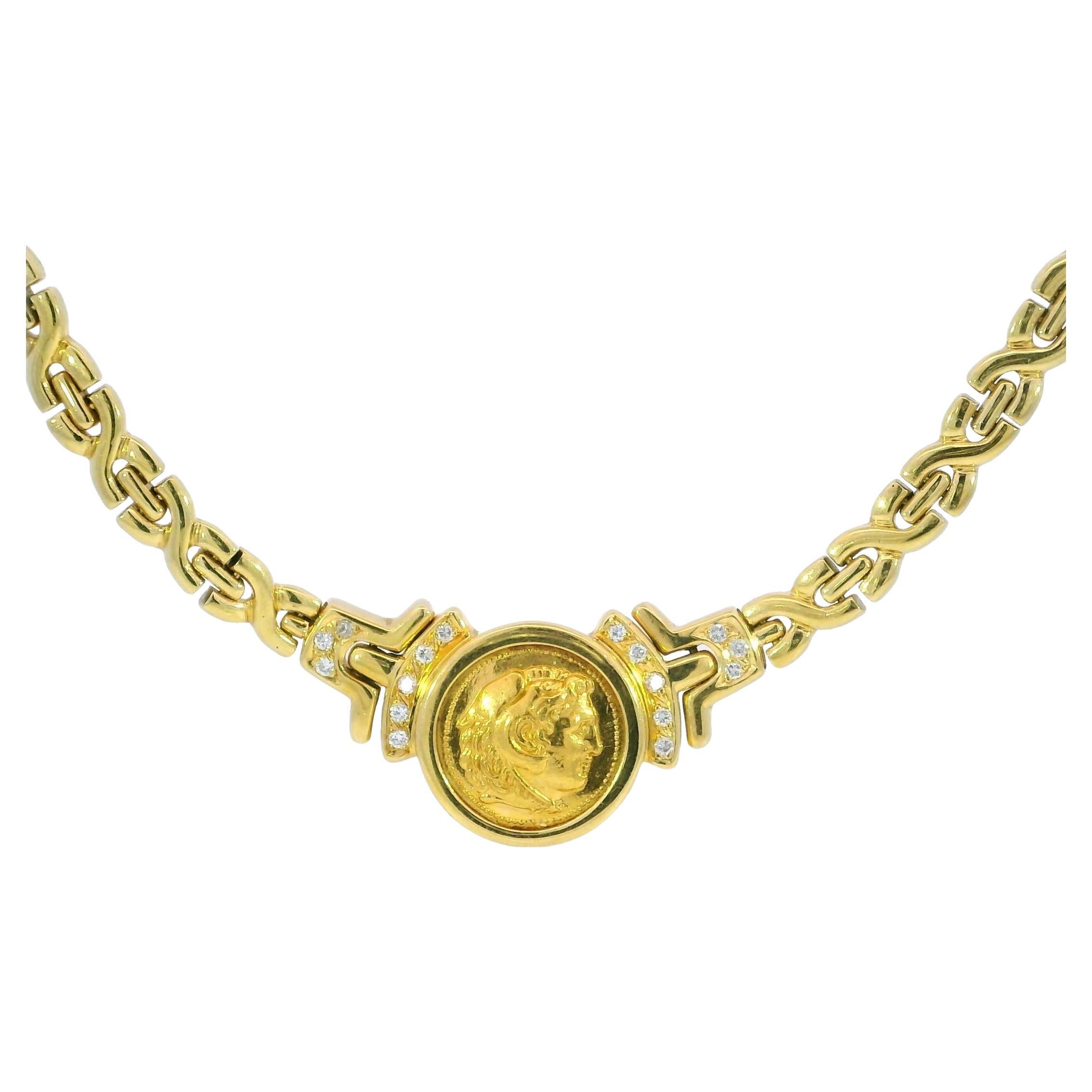 Vintage Gold Coin Necklace 18k Yellow Gold 16.5" Chain with Diamonds