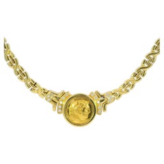 Vintage Gold Coin Necklace 18k Yellow Gold 16.5" Chain with Diamonds