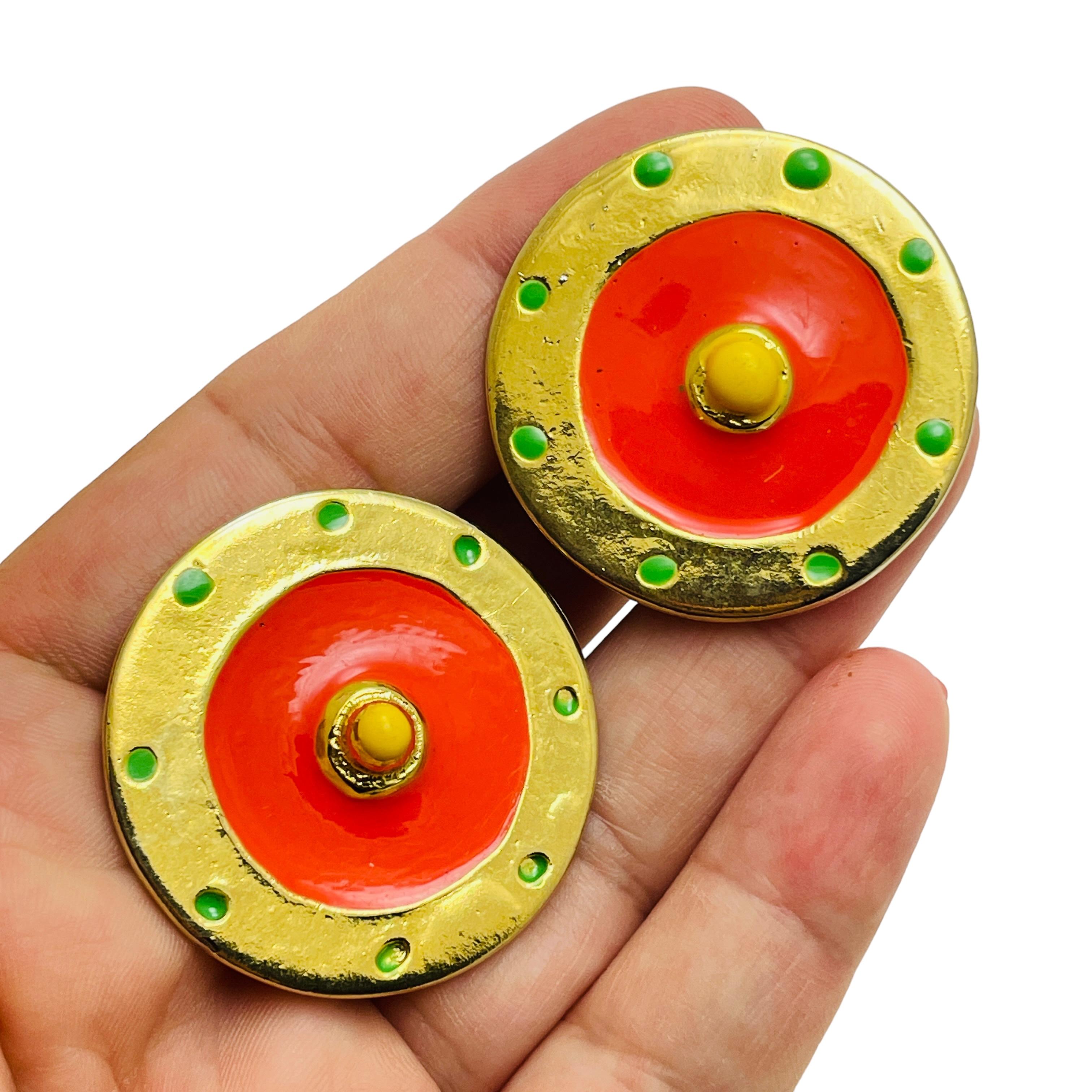 Women's Vintage gold colorful enamel designer runway clip on earrings For Sale