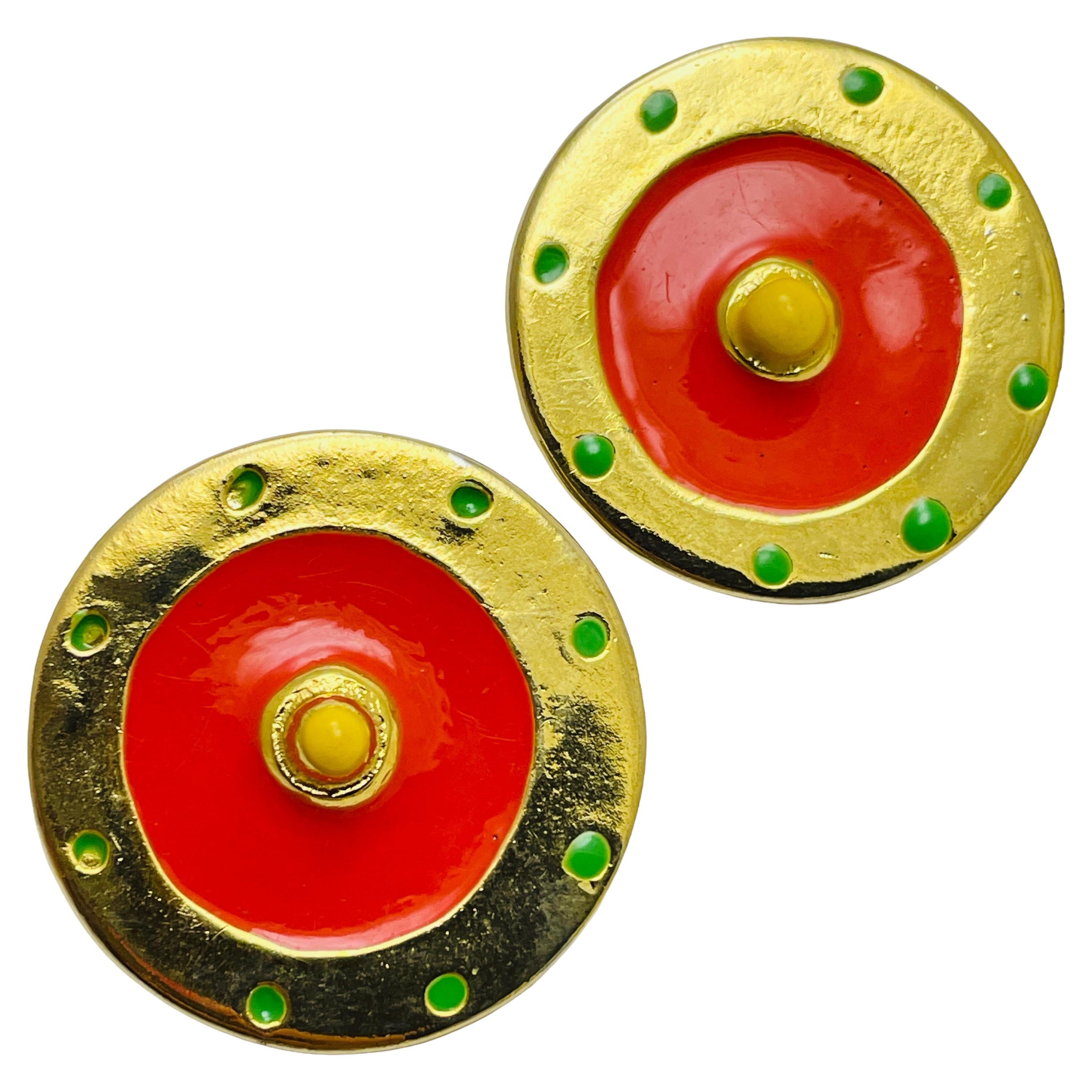 Vintage gold colorful enamel designer runway clip on earrings For Sale