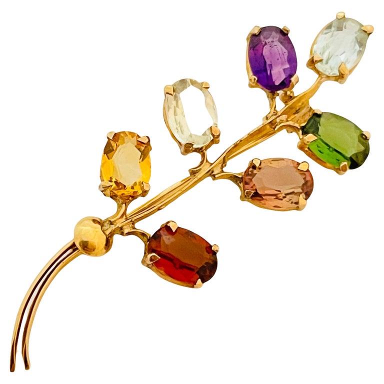 Vintage gold colorful faceted glass stones brooch For Sale at 1stDibs