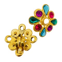 Pendientes vintage dorados de cristal de colores estilo etruscsn de clip de los años 80