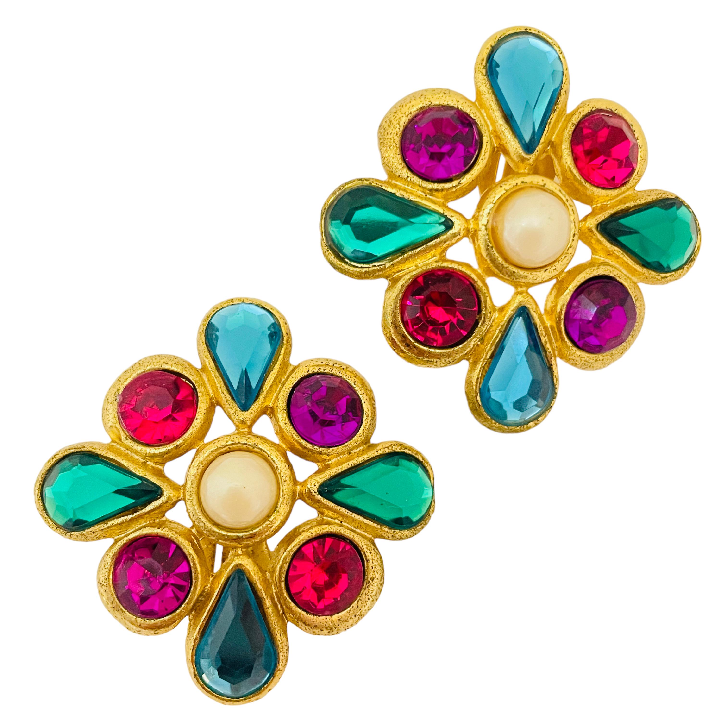 Women's or Men's Vintage gold colorful glass etruscsn style clip on 80’s earrings   For Sale