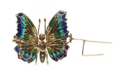 Vintage Gold Colorful Plique a Jour Enamel Diamond Sapphire Butterfly Pin Brooch