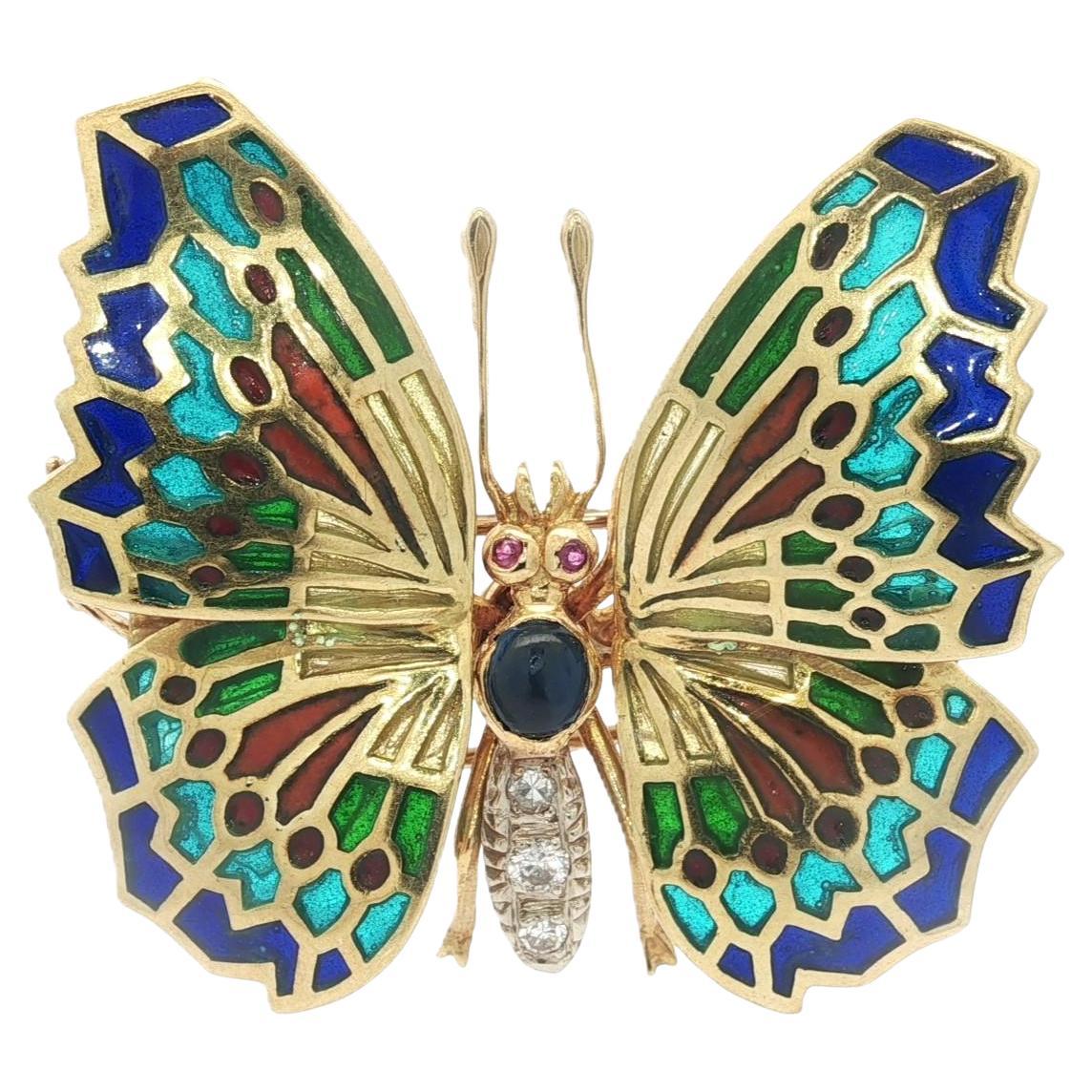 Vintage Gold Colorful Plique a Jour Enamel Diamond Sapphire Butterfly Pin Brooch