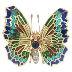Vintage Gold Colorful Plique a Jour Enamel Diamond Sapphire Butterfly Pin Brooch