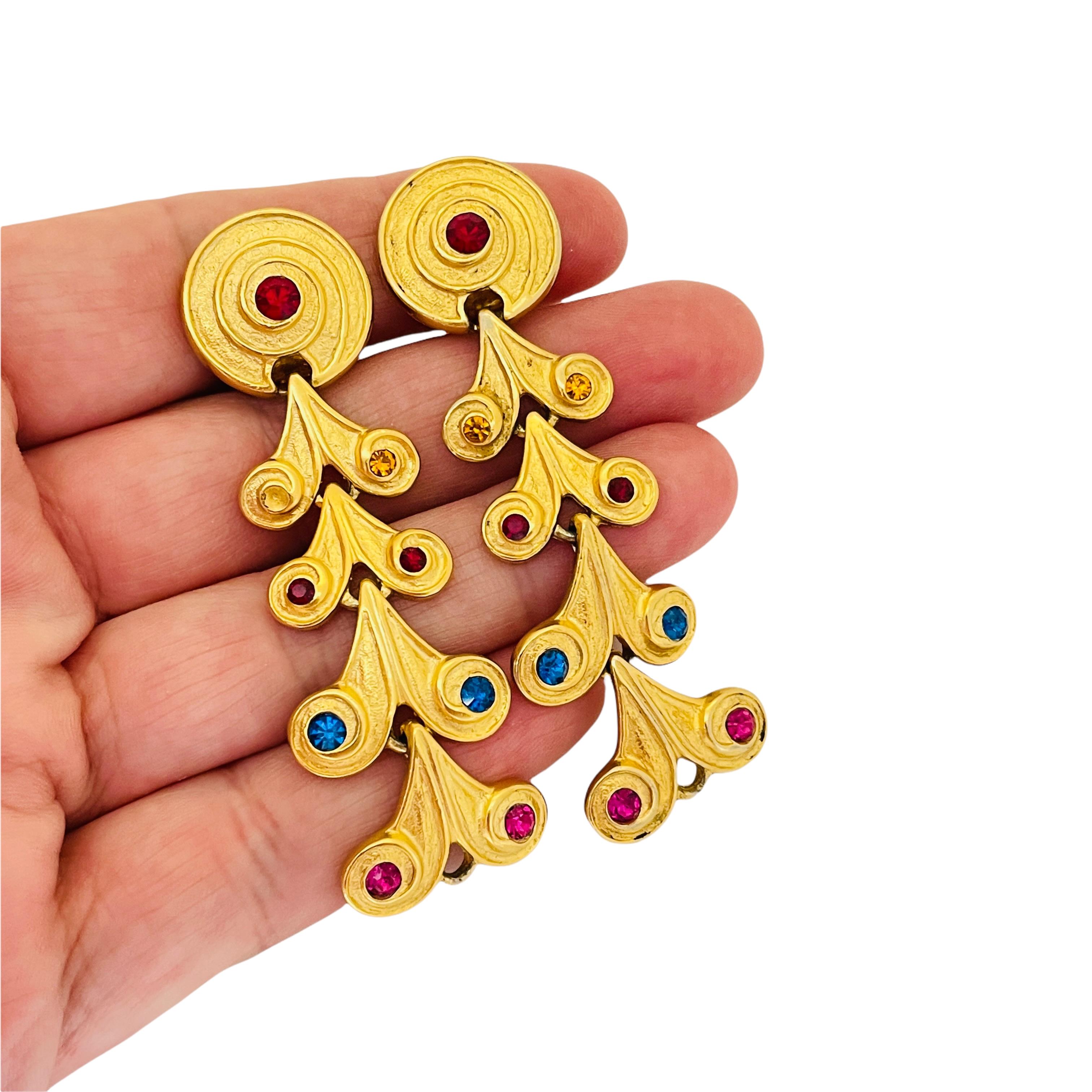 Women's Vintage gold colorful rhinestone dangle designer runway clip on earrings For Sale