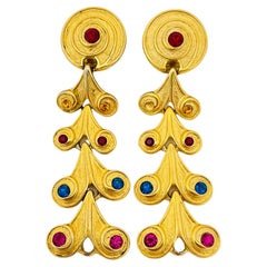Vintage gold colorful rhinestone dangle designer runway clip on earrings