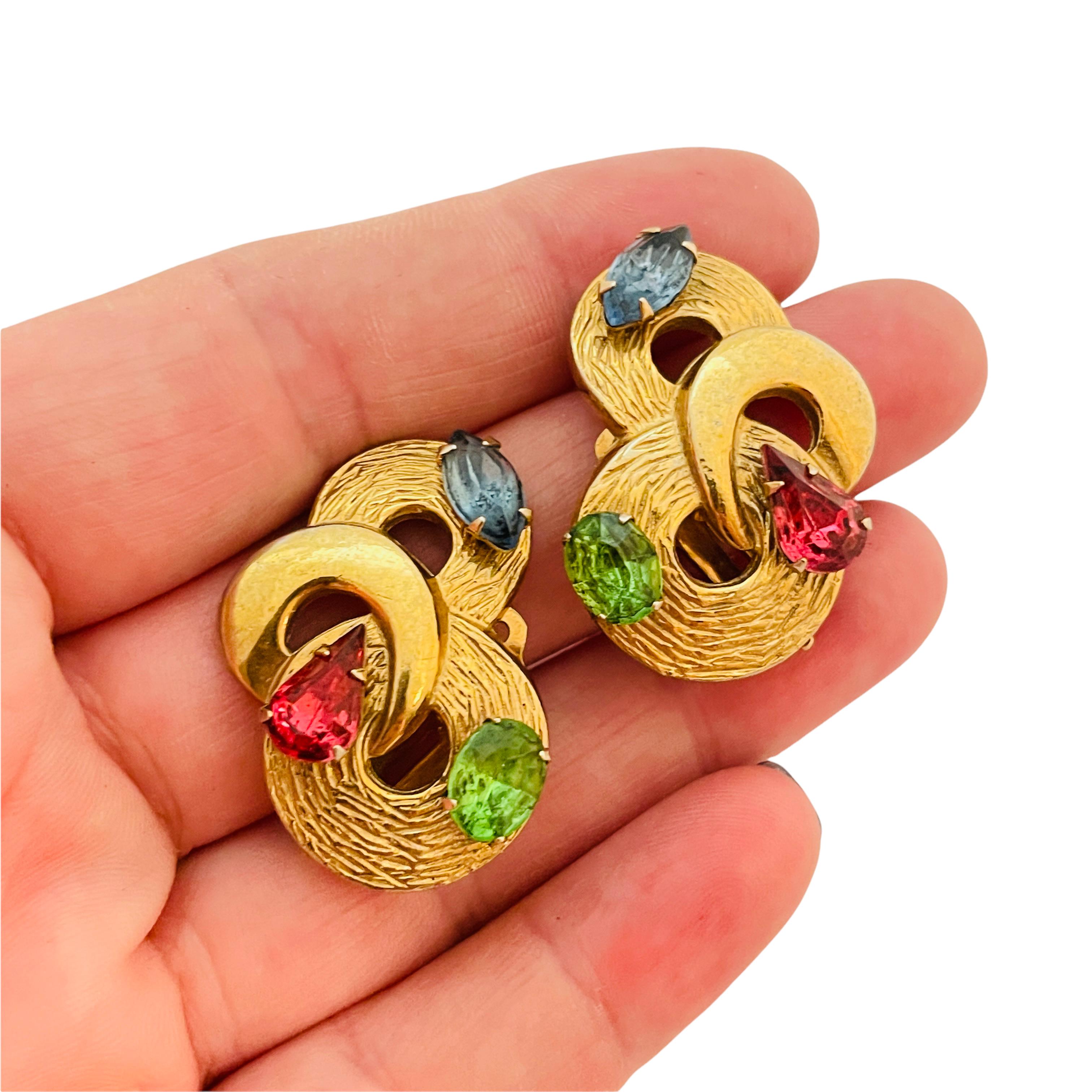 Women's Vintage gold colorful rhinestone designer runway clip on earrings For Sale