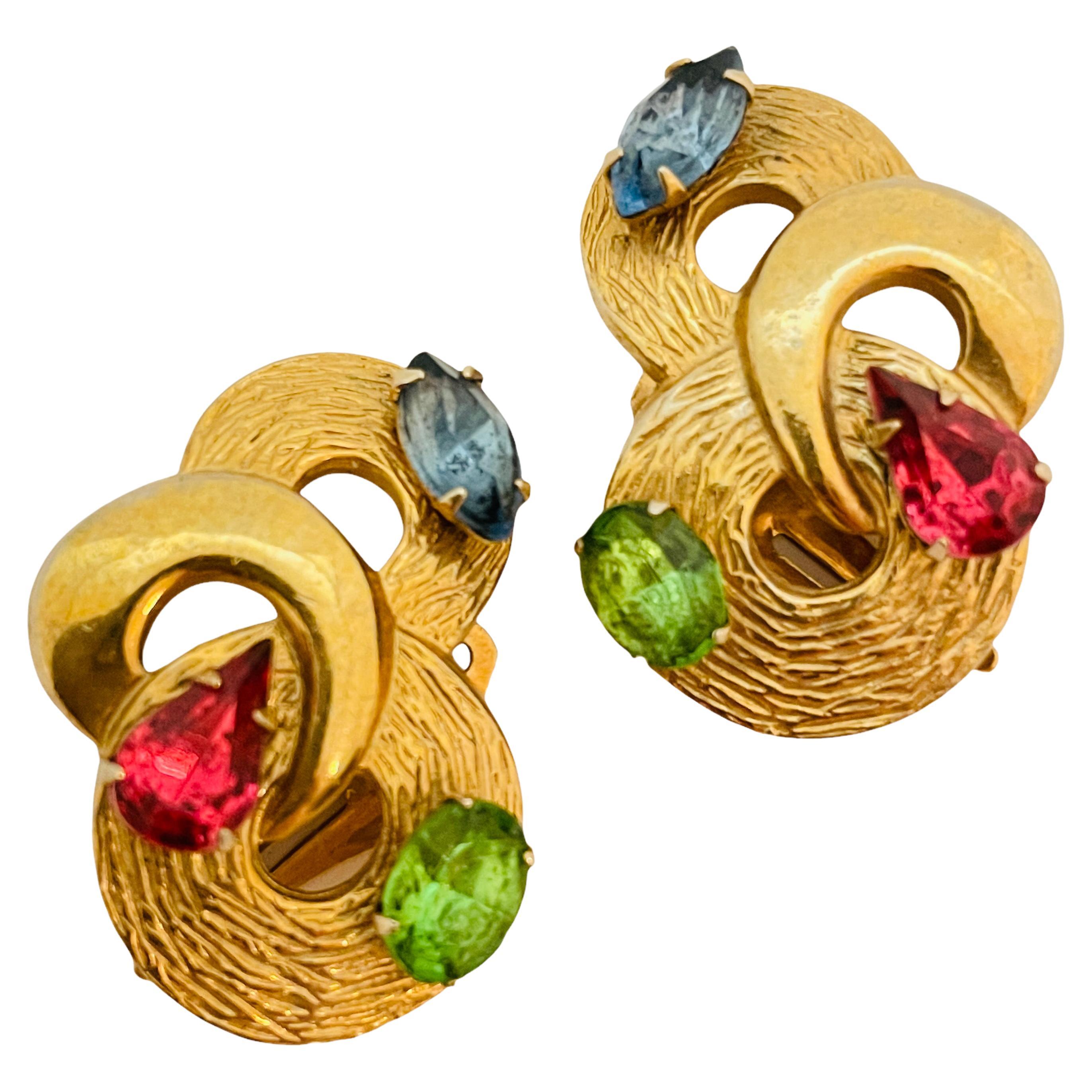 Vintage gold colorful rhinestone designer runway clip on earrings For Sale