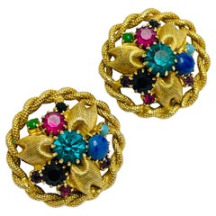 Boucles d'oreilles clip vintage en or avec strass de couleur