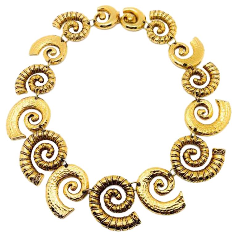 Vintage Statement Gold Conch Shell Collar Necklace 1980s