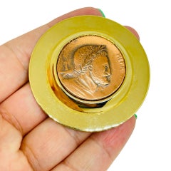 Vintage gold copper tone faux ancient coin large designer brooch