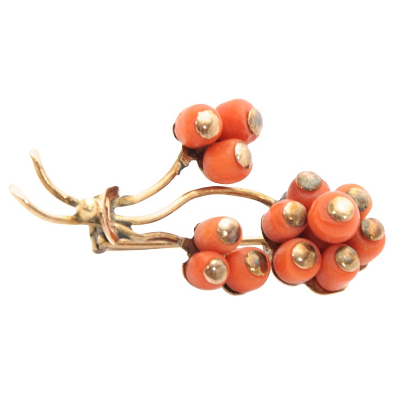 Vintage Coral Beads and Gold Branch Brooch at 1stDibs