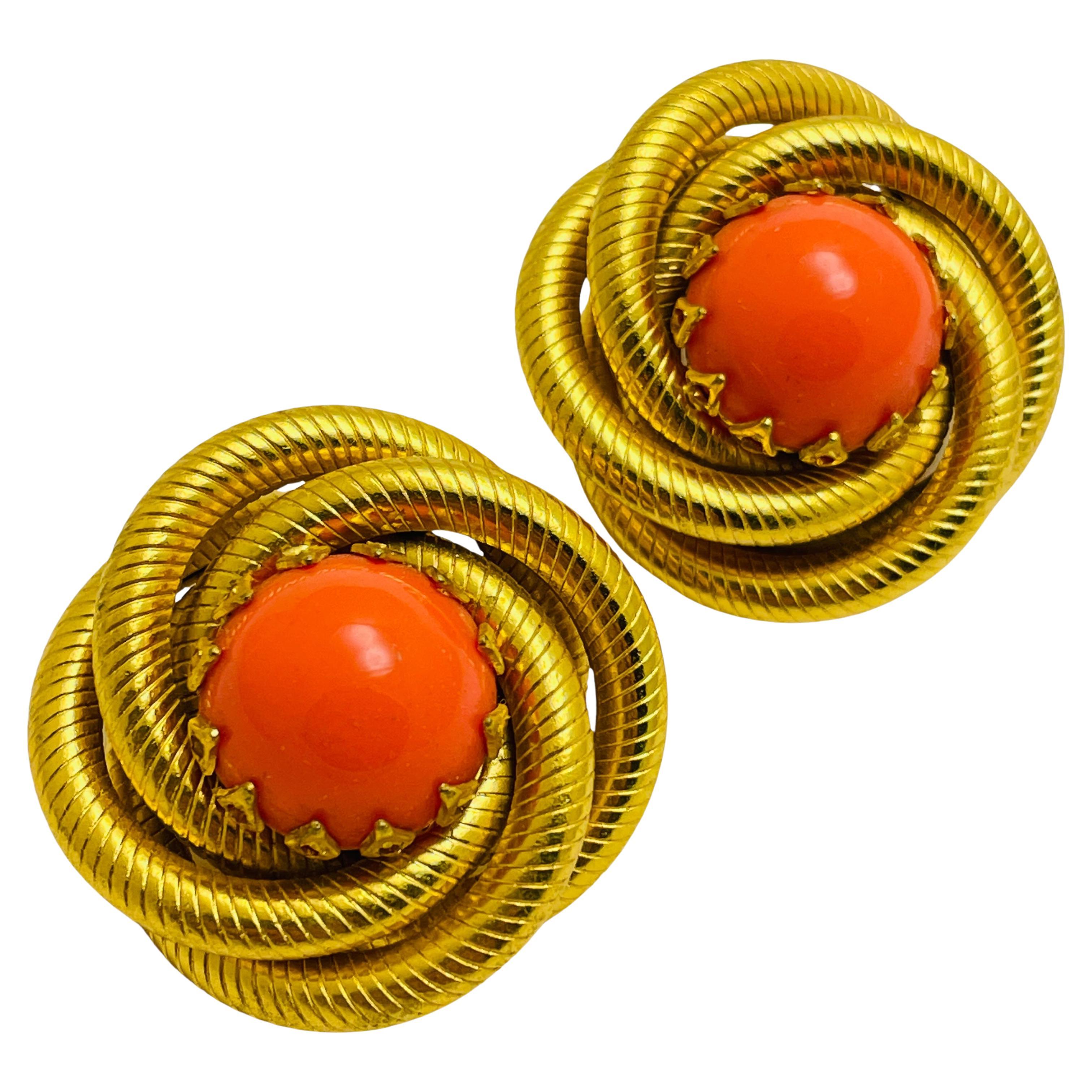 Vintage gold coral massive designer runway clip on earrings For Sale