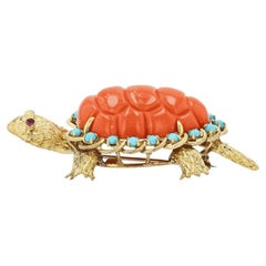 Broche tortuga vintage de oro, coral, turquesa y rubí