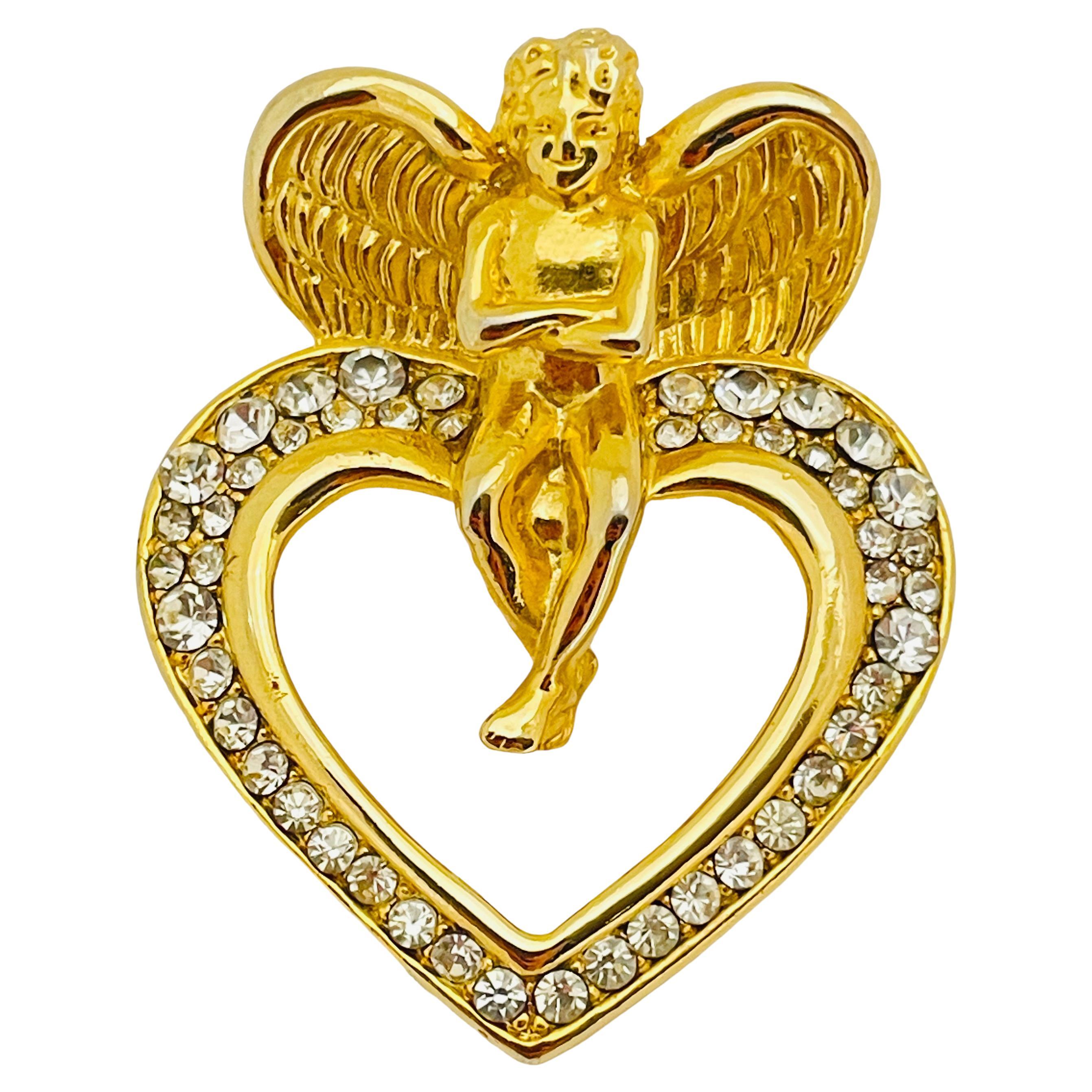 Vintage gold crystal angel heart designer brooch  For Sale
