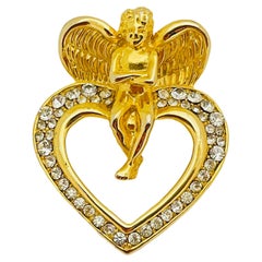 Vintage gold crystal angel heart designer brooch 