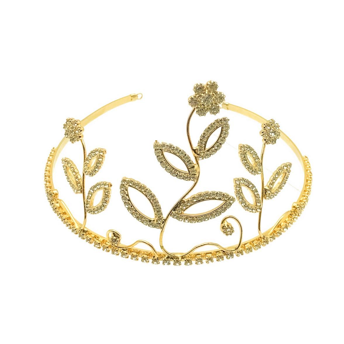 A stunning Vintage Gold & Crystal Flower High Tiara from the 1990s. Crafted in gold tone metal and claw set with a myriad of chaton cut rhinestones. A grand tiara depicting a trio of tall flowers at the front with a stone set band for continuity.