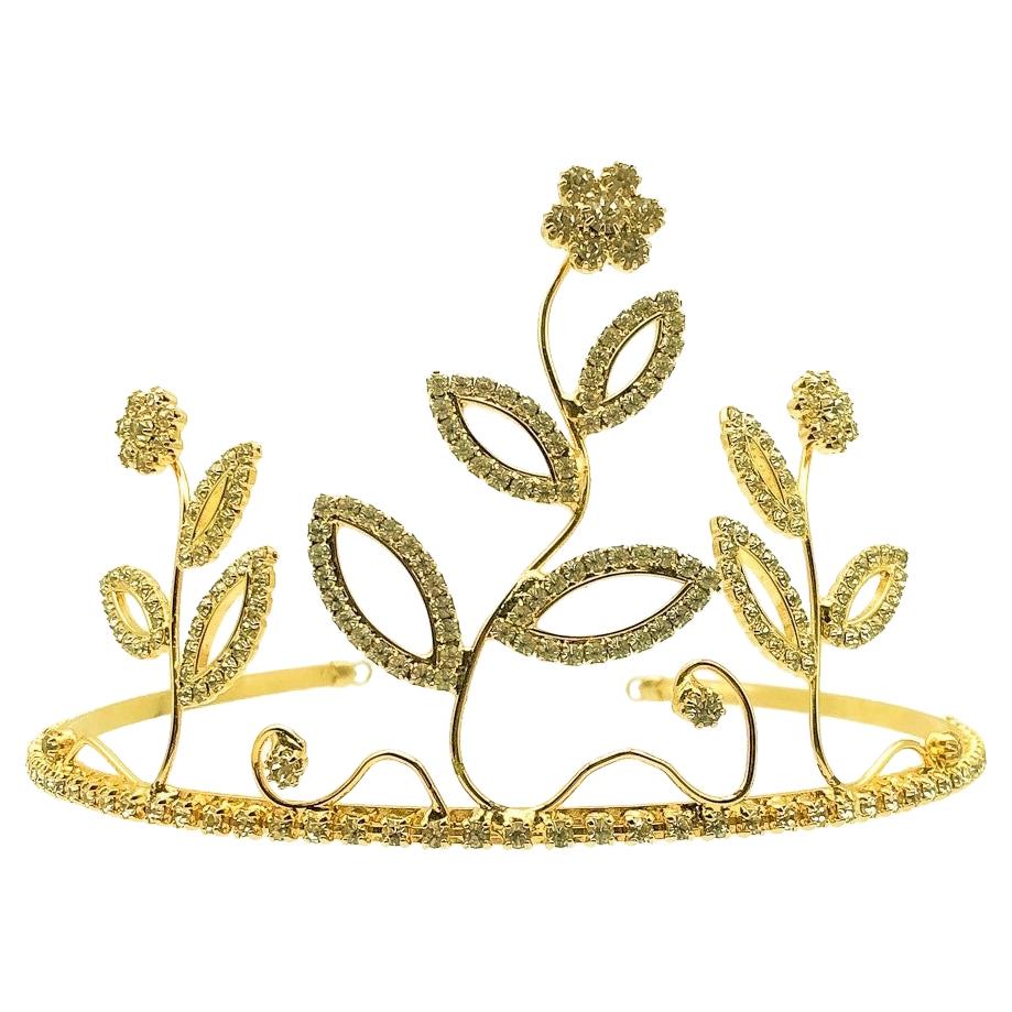 Tiara haute fleur vintage en or et cristal des années 1990 en vente