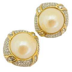 Vintage gold crystal pearl massive designer runway clip on earrings 