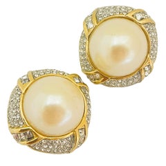 Vintage gold crystal pearl massive designer runway clip on earrings