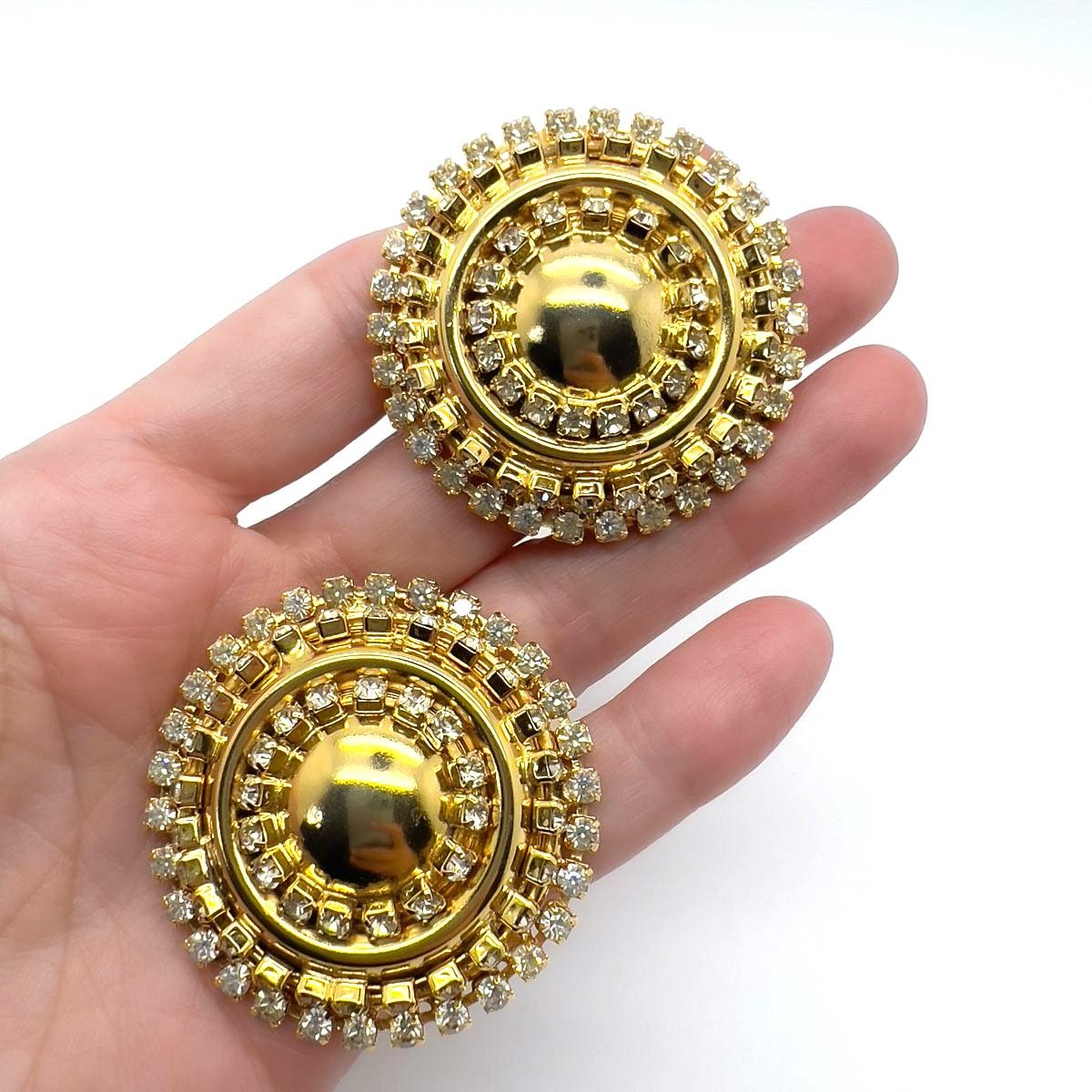 Women's Vintage Gold & Crystal Statement Bullseye Earrings 1980s For Sale