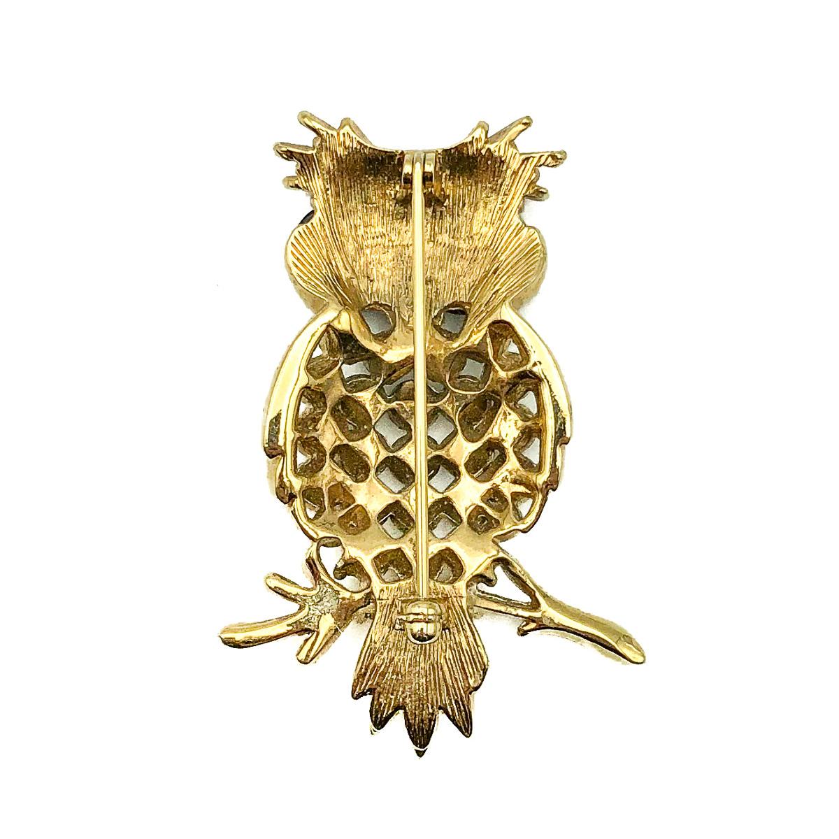 Vintage Gold Crystal Twit Twit Twoo Owl Brooch 1980s In Good Condition In Wilmslow, GB